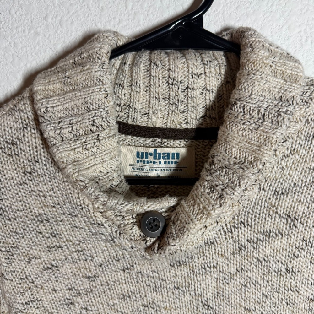 Urban Pipeline Sweater Boys‎ Small Cream Speckled Tight Knit Ribbed Shawl Collar - Picture 5 of 10
